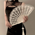 Vintage Chinese Lace Fan - Floral Pattern Black & Golden Tassel Handheld Cooling Fan, Photo Props, Summer Fashion Accessory Oasis Select WHITE