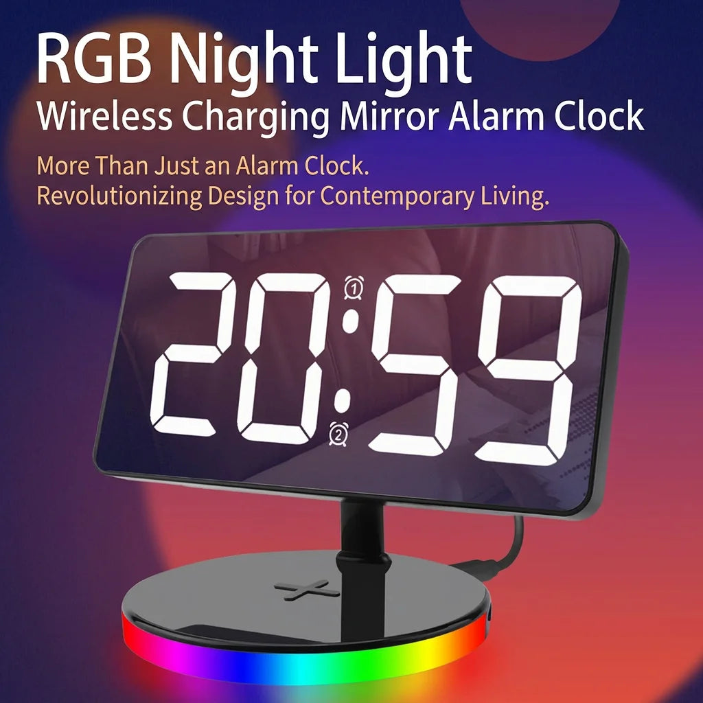 Digital LED Mirror Alarm Clock With 15W Wireless Charging RGB Ambient Night Light Dimmable Large Display for Bedroom Desktop Oasis Select
