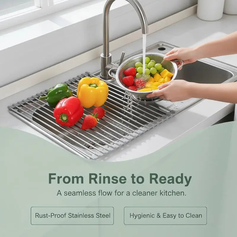 Rollable Foldable Rustproof Stainless Steel Sink Drying Rack Durable Dish Drain Holder for Kitchen Storage Organizer Oasis Select