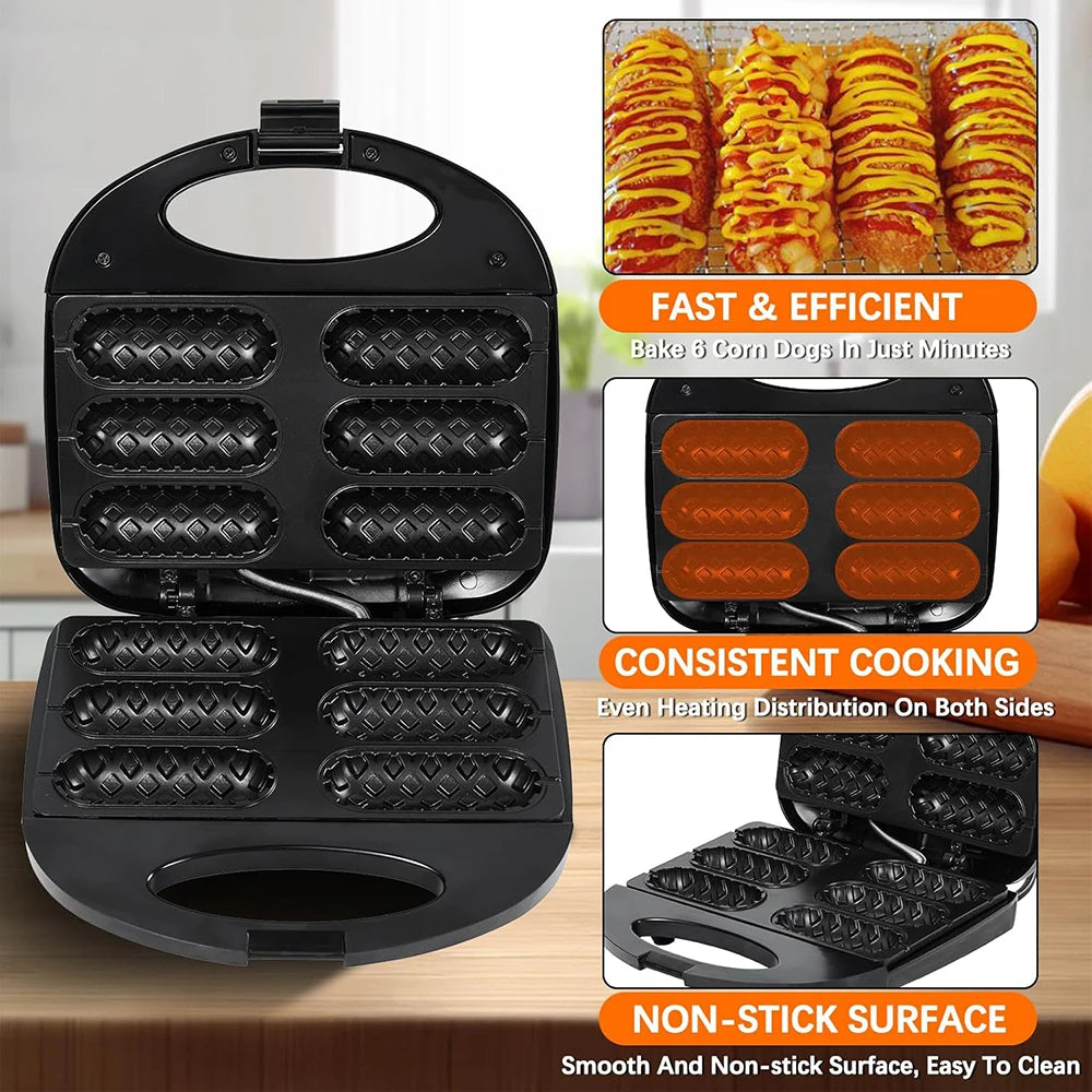 Electric Hot Dog Machine Waffle Maker 6 Corn Dogs Non-Stick Double-sided Heating Sausage Roll Maker Breakfast for Kid Party 220V Oasis Select