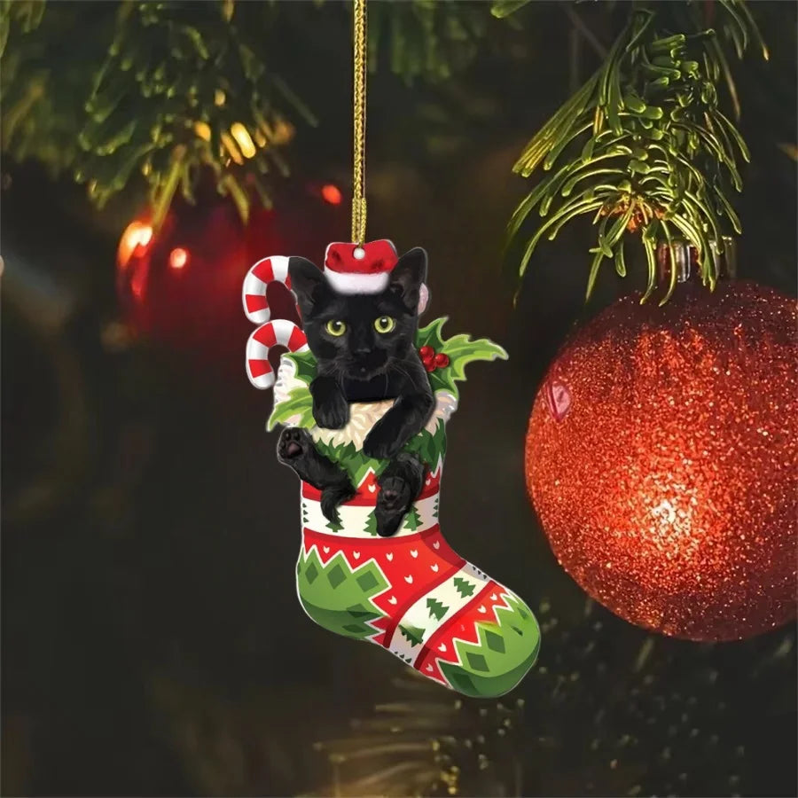Charming Black Cat Christmas Ornament 2D Acrylic Hanging Decor for Tree Car Mirror Keychain Kid Xmas Gift Holiday Party Supplies Oasis Select