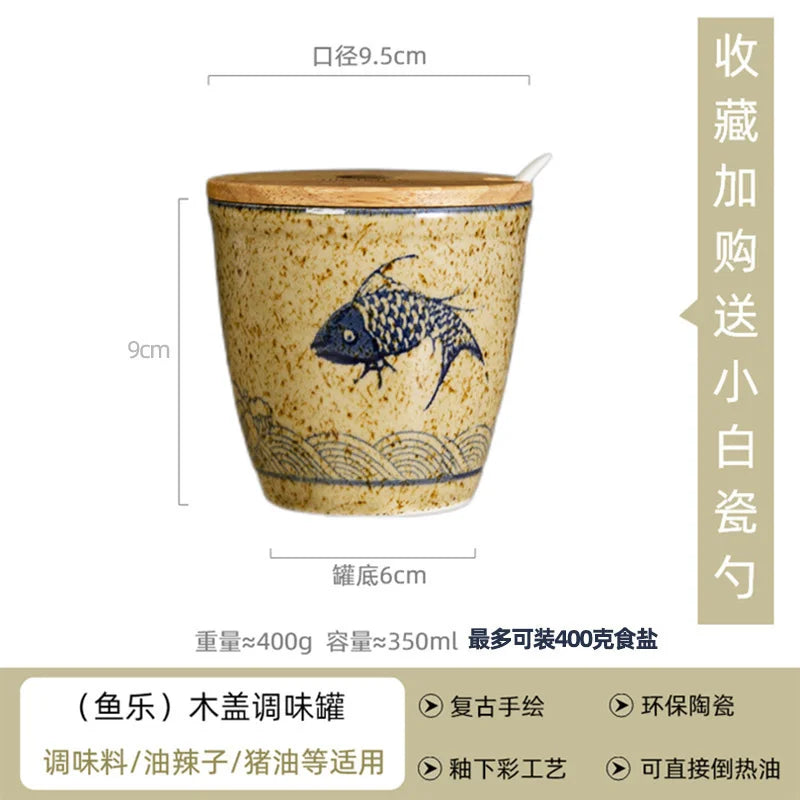 Ceramic Retro Seasoning Pot Hand-painted Salt Pot Oil Tank Pepper Pot for Kitchen Oasis Select porcelain spoon 2