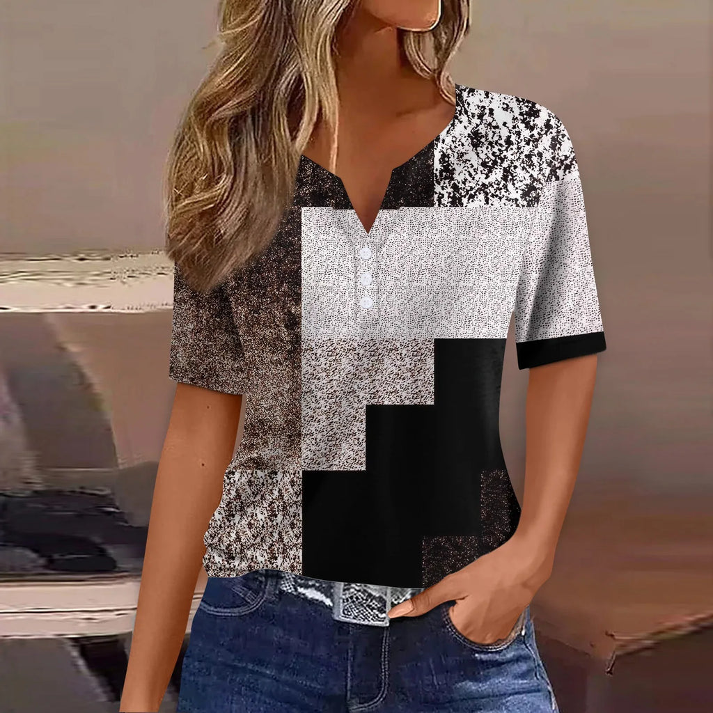2024 Summer Patchwork T-Shirts Button Tops Womens Casual Short Sleeve Loose Ladies V-Neck Female Street Clothes Pullover Oasis Select Khaki XL