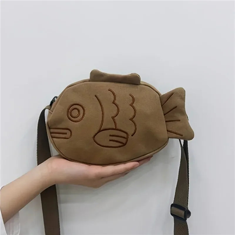 Fish Shape Canvas Messenger Bag Fashion Cute Embroidery Portable Zippered Small Purses Handbags Mini Crossbody Bag Oasis Select