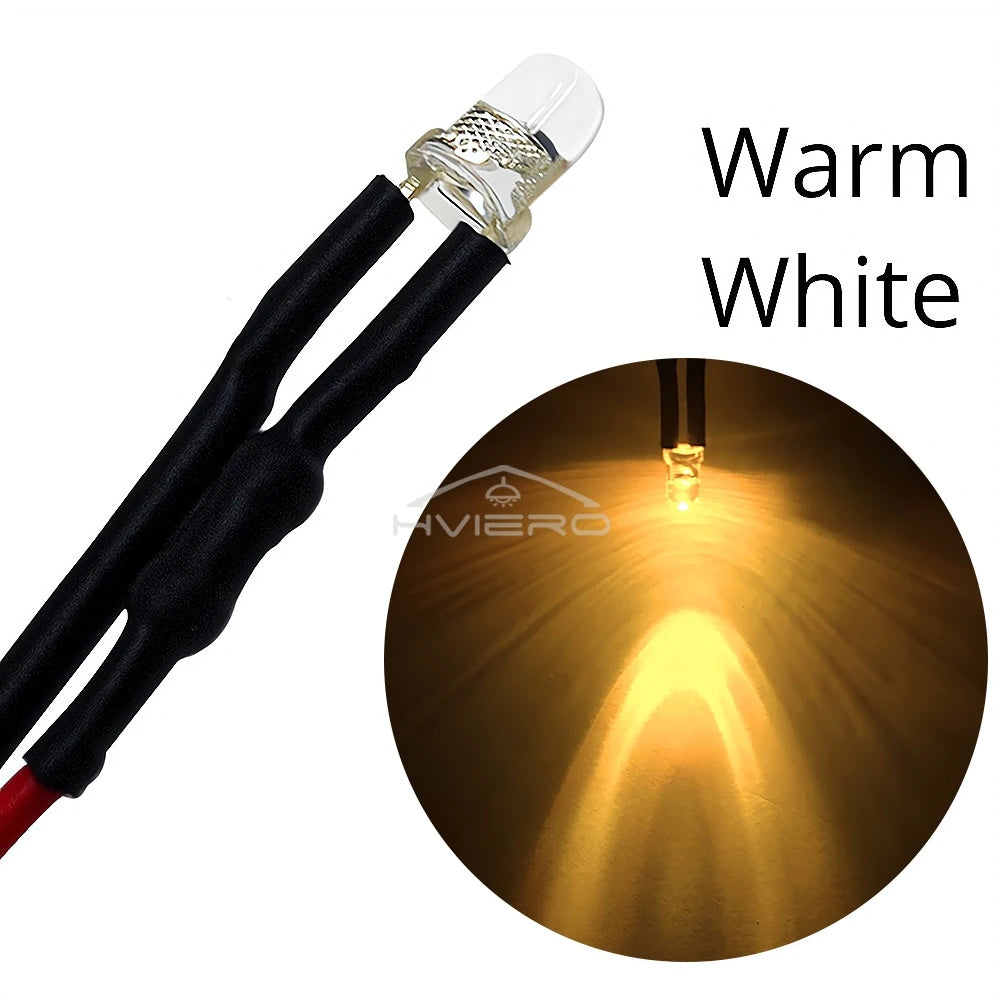 10-Pack 3mm Pre-Wired LED Bulbs DC 12V Water Clear Round Top