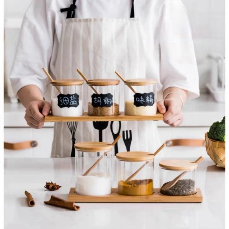 3Pcs Condiment Jars Set Clear Glass Bamboo Lid Spice Jar with Spoon Kitchen Sugar Salt Spices Storage Box Household Container Oasis Select