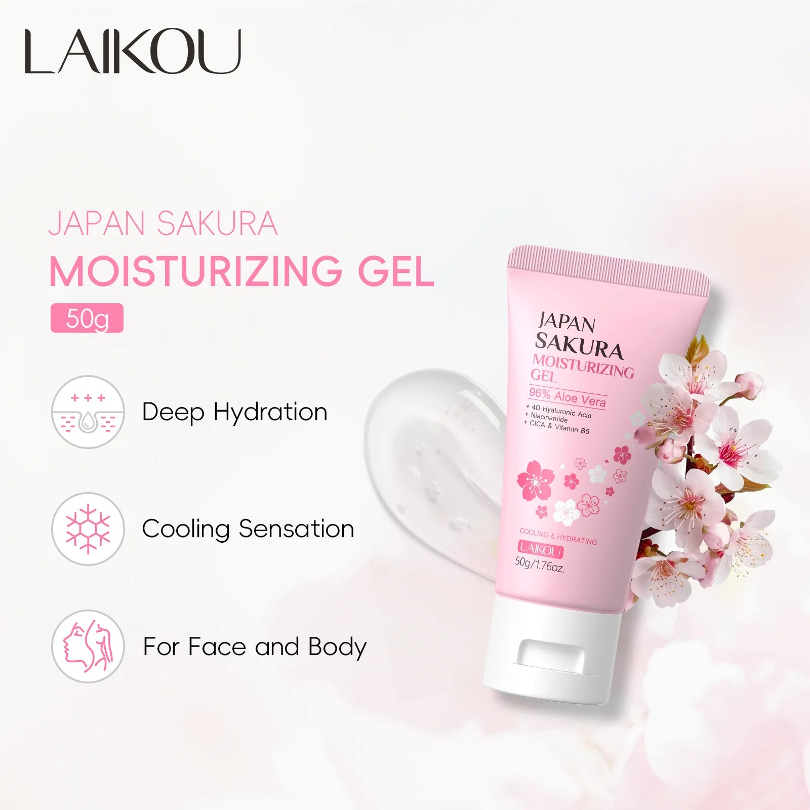 LAIKOU Sakura Gel Cream – Hyaluronic Acid, Niacinamide & CICA 50g Facial Gel Moisturizer Oasis Select