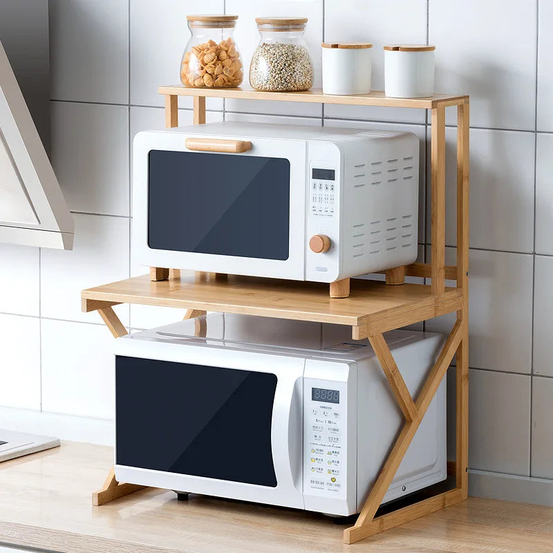 Kitchen Shelf Countertop Double Microwave Shelf Desktop Seasoning Oven Storage Rack Bamboo Solid Wood Oasis Select