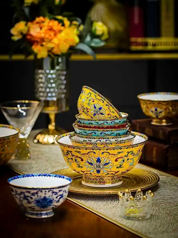 Bone China Dining Bowl Enamel Colored Chinese High Footed Rice Noodles Soup Bowl Tablewear Oasis Select