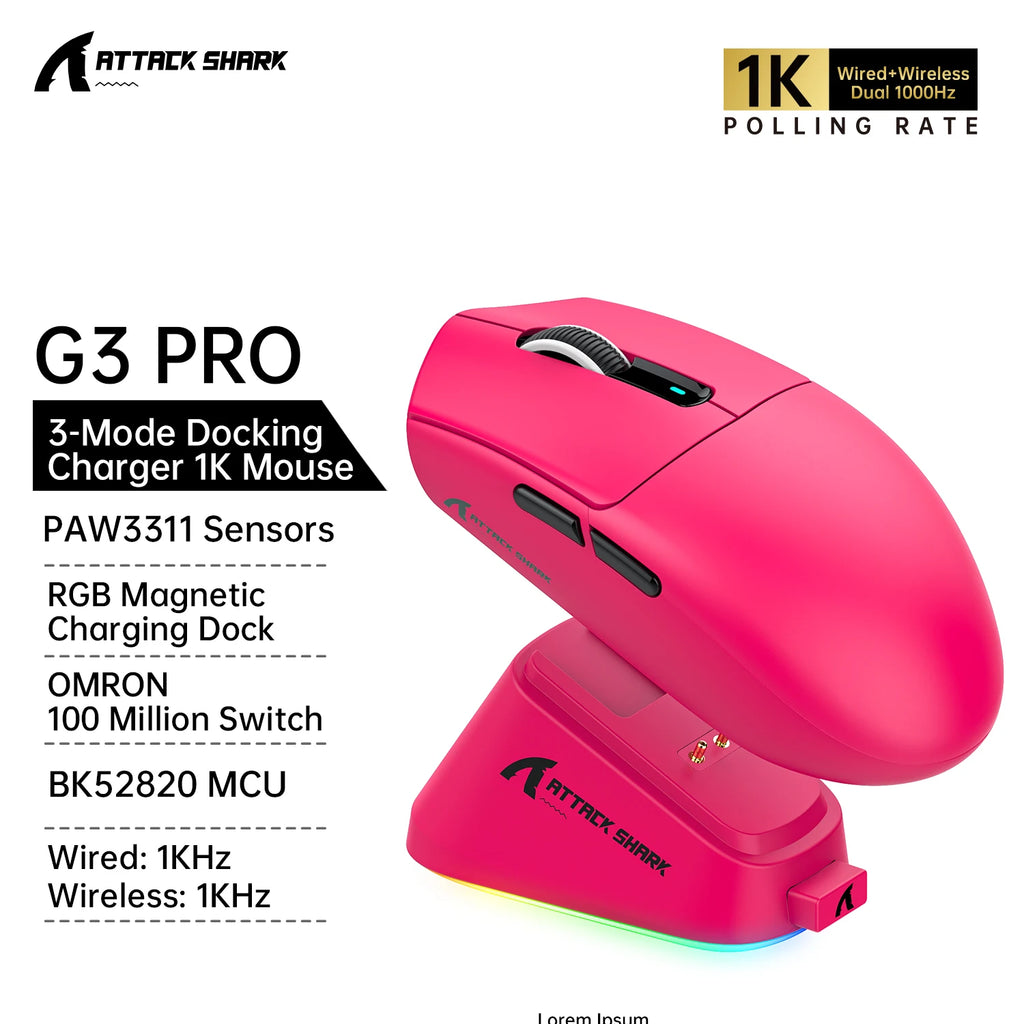 ATTACK SHARK G3 PRO Wireless Gaming Mouse Superlight PAW3311 25000DPI Tri-Mode Bluetooth Wired RGB Charging Dock Large Battery Oasis Select G3PRO Berry red