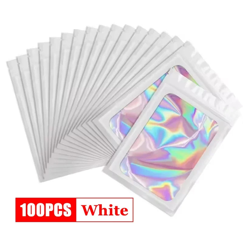 500Pcs Holographic Ziplock Bags Plastic Laser Iridescent Zip Bags for Manicure Eyelash Display Earrings Ring Jewelry Storage Bag Oasis Select White 7.5x12 100PCS
