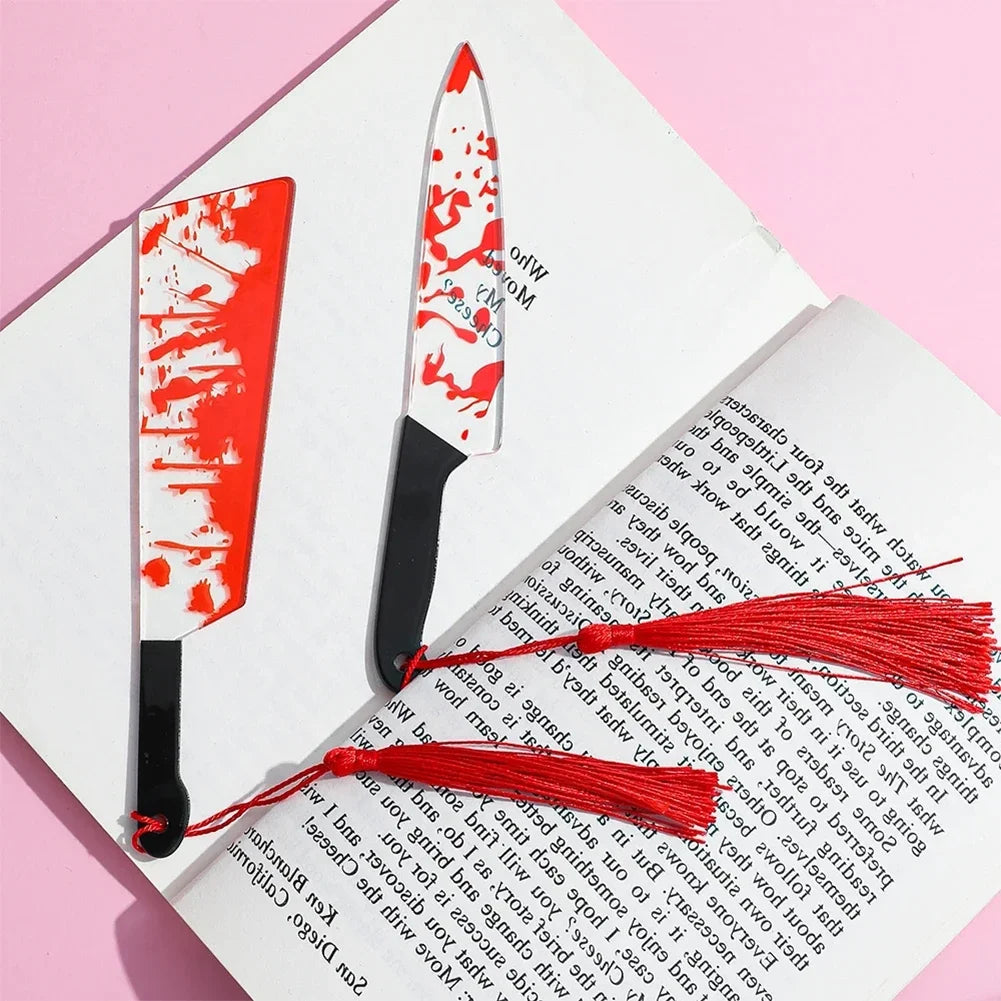 Acrylic Bookmark Horror Knife Clear Tassel Halloween Themed Series Chopper Saw Blood Halloween for Bookworms School Supplies Oasis Select