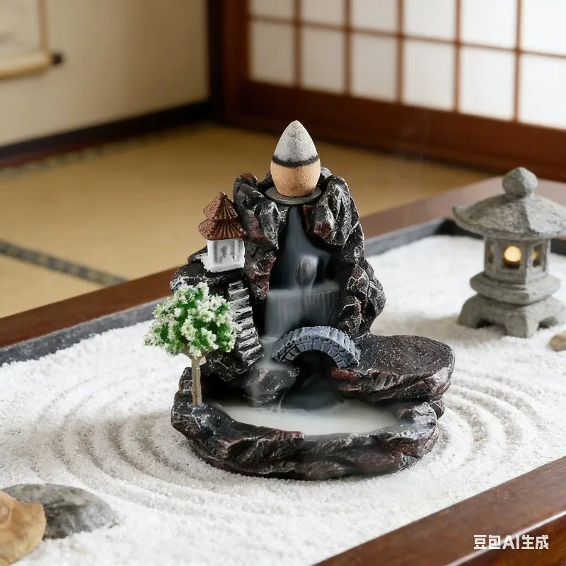 Mountain River Backflow Incense Burner Waterfall Incense Holder with Bridge & Pagoda Decor for Yoga Studio Home Aromatherapy Oasis Select