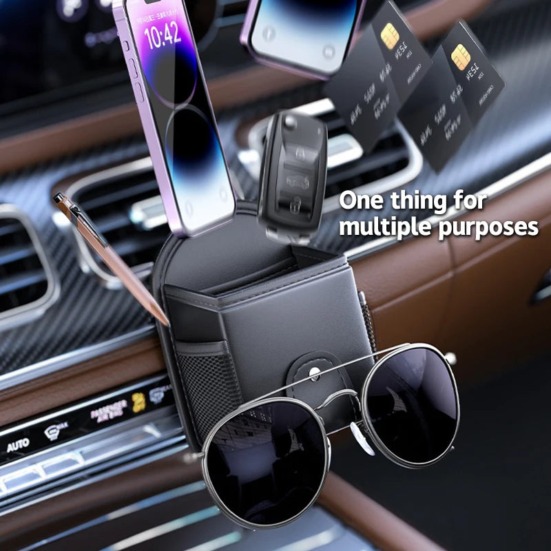 Stylish PU Leather Car Holder with Built-in Phone Mount; Accommodates Keys, Glasses & Other Accessories Oasis Select