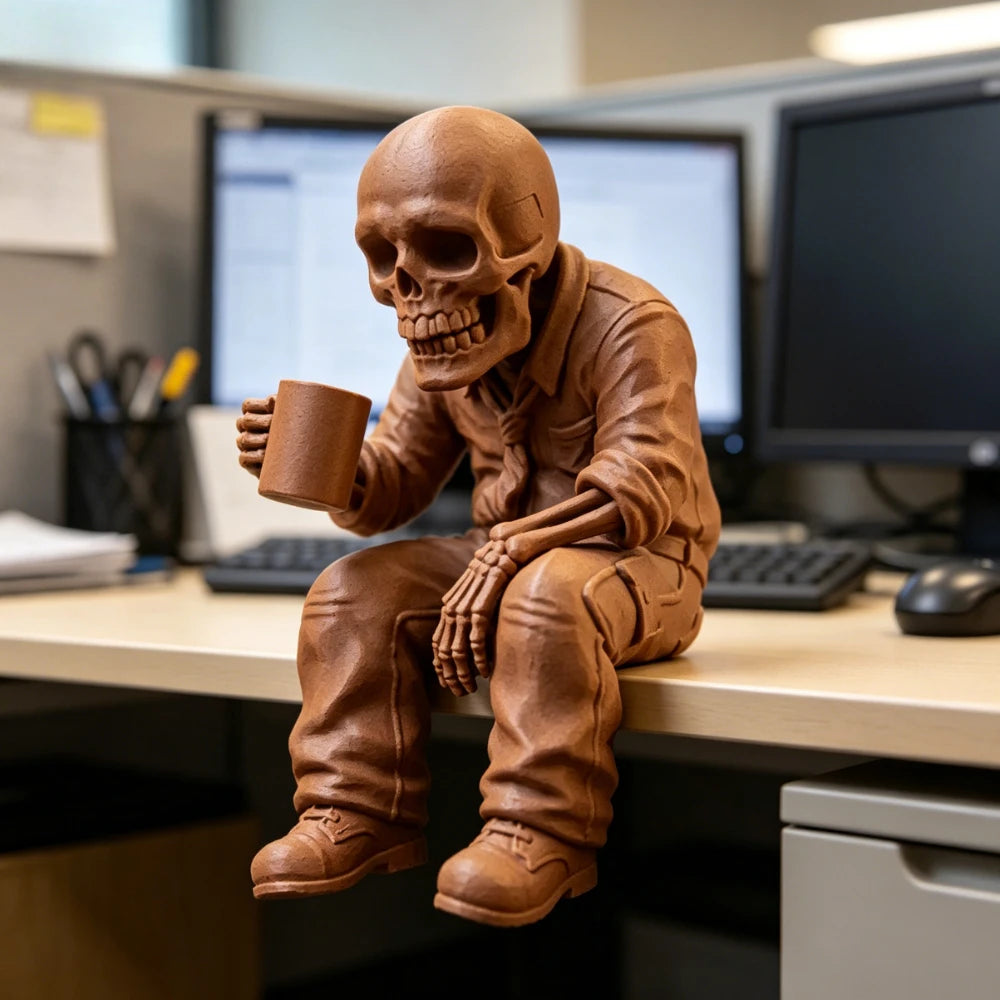 Gothic Eerie Office Worker Skeleton Miniature Figurine Seated Coffee Drinking Skull Desk Ornaments Humor Home Office Decor Gifts Oasis Select