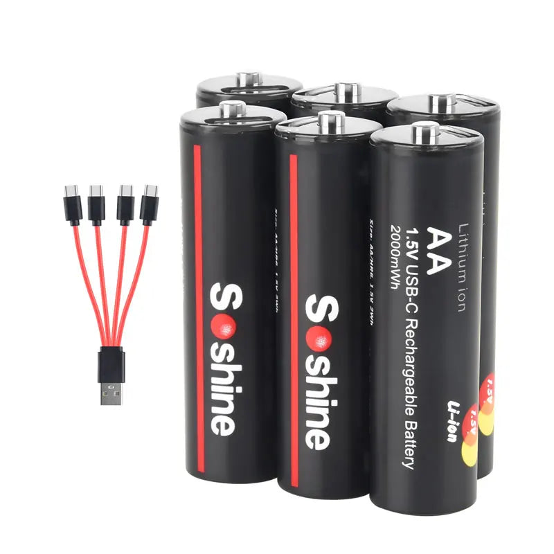 Soshine Original Li-ion AA Rechargeable Batteries USB Lithium battery 2000mWh 1.5V AA Rechargeable Batteries with Charging cable Oasis Select 6pcs AA 1.5V 2000