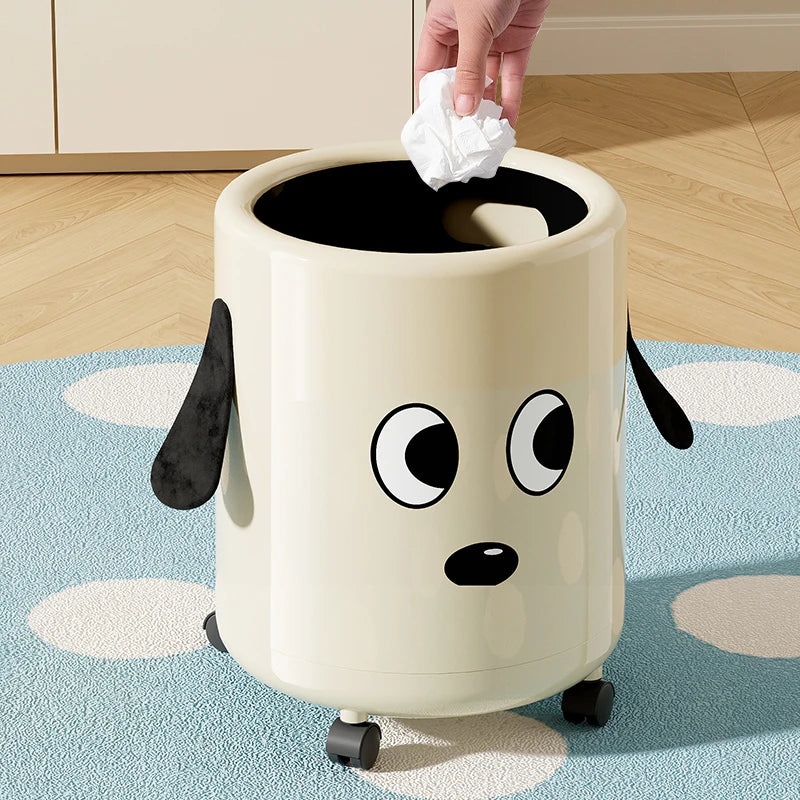 A trash can with wheels. Features a cute cartoon dog design. Practical and serves as a home decor item. Oasis Select
