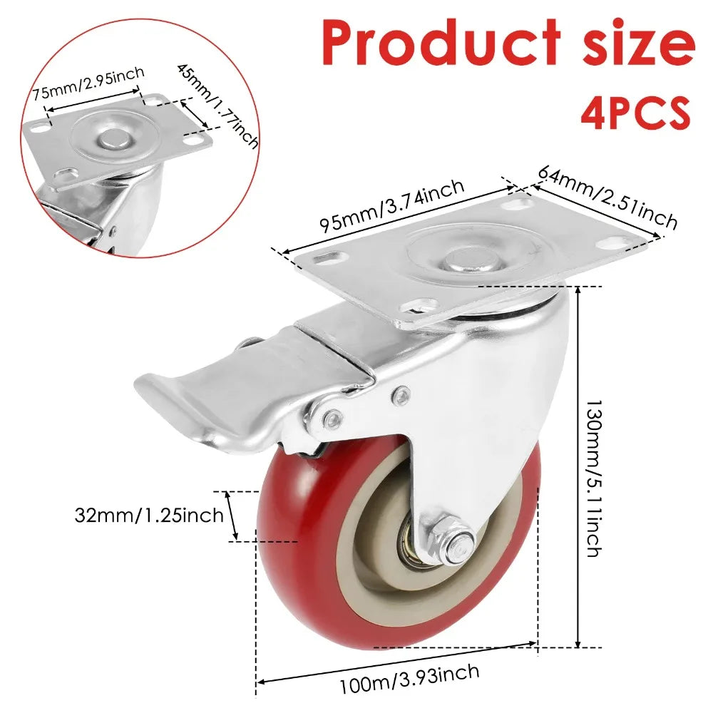 4Pcs 4 inch Caster Wheel Heavy Universal 360° Swivel Silent Brake Wheels Caster Furniture Wear Platform Trolley Household Oasis Select