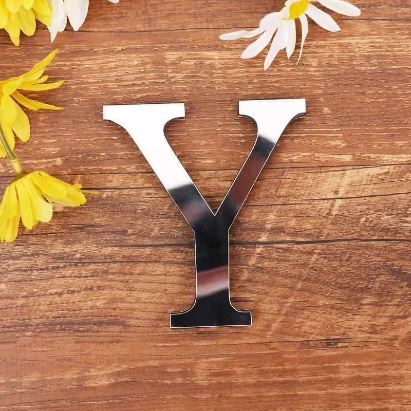 Silver Letter Acrylic 3D Mirror Wall Sticker Home Decor Alphabet Poster For Birthday Party Wedding Diy Wallpaper Peel & Stick Oasis Select Y Silver