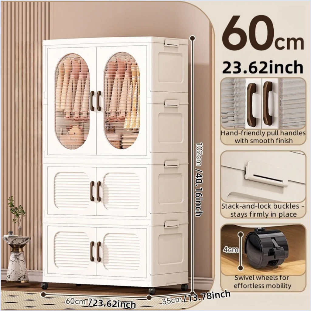 60cm Double-Door Foldable Wardrobe with Wheels - Large Capacity Magnetic Closure Storage for Clothes/Quilts, Bedroom/Living Room Oasis Select 1 cabinet 2 drawers