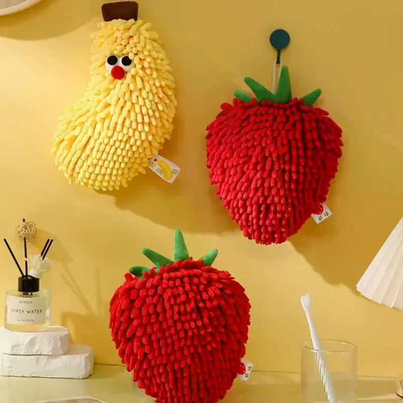 Banana & Strawberry Shaped Hand Towel Soft Absorbent Chenille Hanging Washcloth for Kitchen And Bathroom Oasis Select