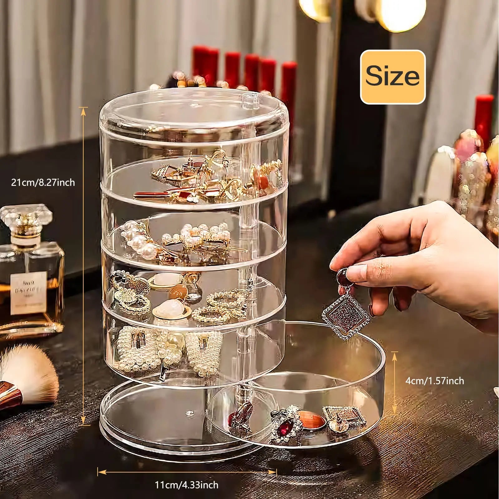 5 Tier Jewelry Organizer, Rotatable Hair Ribbon Box Earring Holder Organizer, Transparent Hair Accessories Storage Tray with Lid Oasis Select