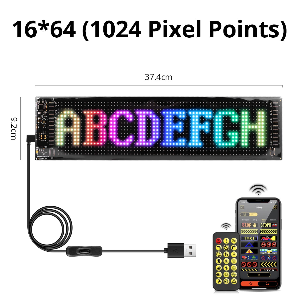 USB 5V Double Row Flexible Display Screen Programmable Matrix Pixel Panel For Board Windshield with Remote Car Devil Eye Light Oasis Select 16x64 LEDs 9x37CM