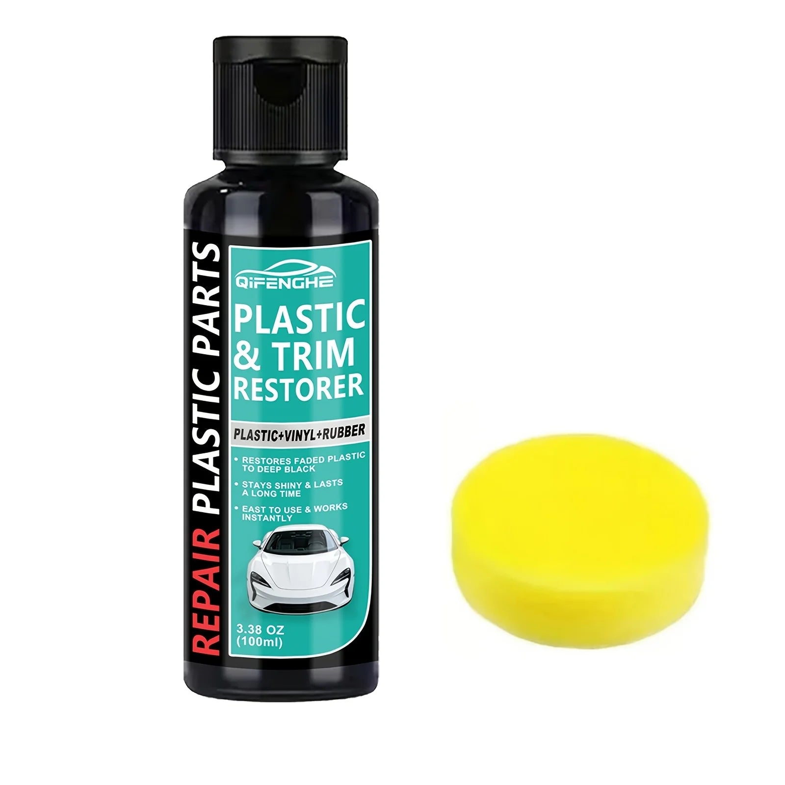 QIFENGHE Black Trim And Plastic Restorer for Vehicles (3.38 Ounces/100Ml) | Revive Dull Bumpers, Rubber, Vinyl, Provides Long-La Oasis Select 3.38oz sponge