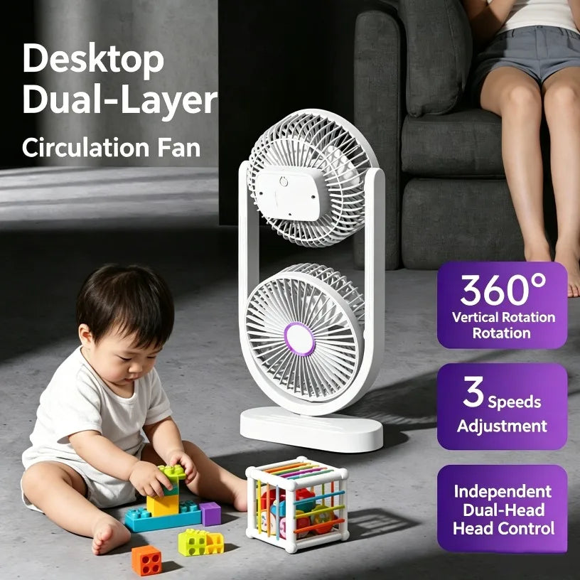 Portable Turbo Desk Fan 3 Speeds Ultra Quiet Type-C Rechargeable Dual Head Air Circulation Fan for All USB Power Sources Oasis Select