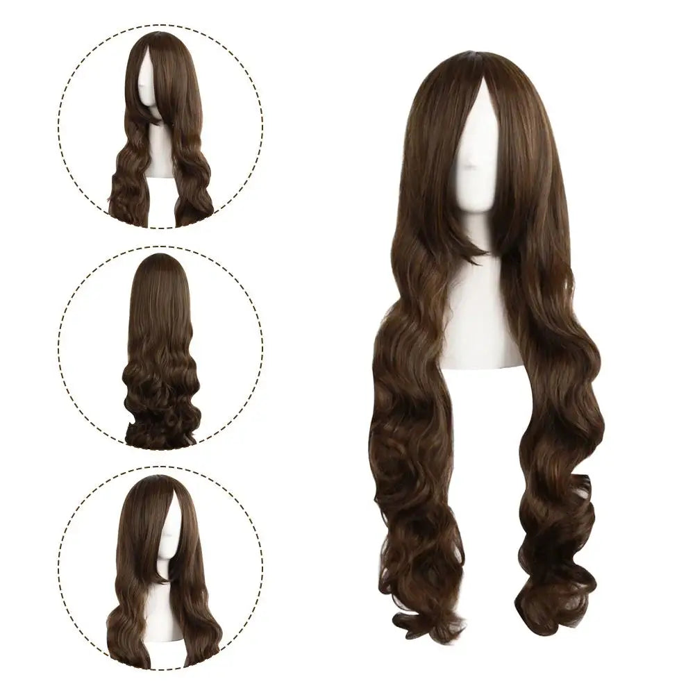 Women Long Wavy Cosplay Wig 80cm Brown Natural Looking Synthetic Lace Wig for Lolita Daily Use Party Salon Styling Oasis Select
