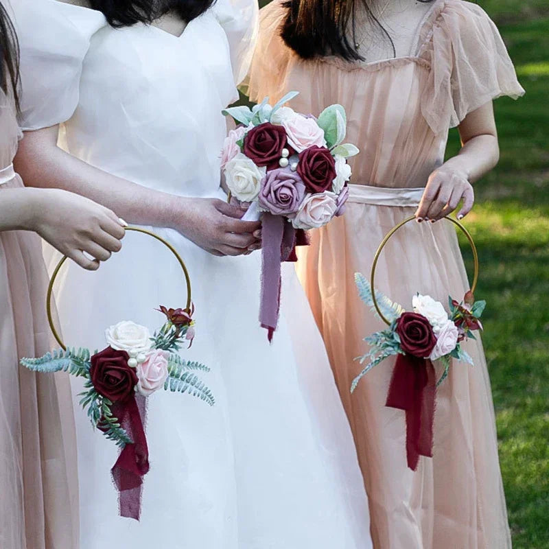 Bridesmaid Gold Hoop Bouquet for Wedding Bridal Shower Ceremony Artificial Rose Flower Hoop Wreath Front Door Wall Decoration Oasis Select