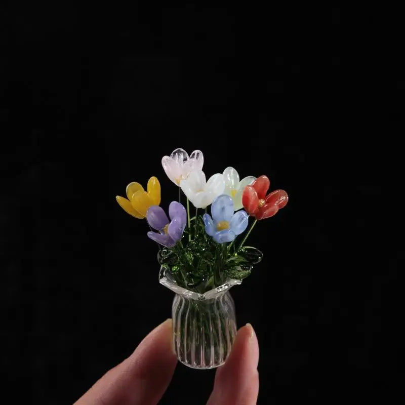 6/7Pcs Mini Lifelike Glass Flowers Simulation Flowers Handcrafted Floral Sculpture Floral Bouquet With Vase Home Decoration Gift Oasis Select A18