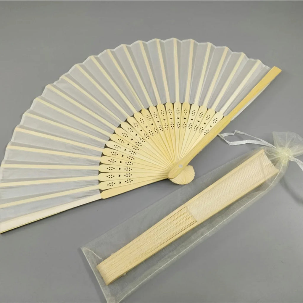 Hand Folding Fan with Organza Bag Bridal Shower Kids Christestening Favors Wholesale Bamboo Fabric Handheld Fans Oasis Select