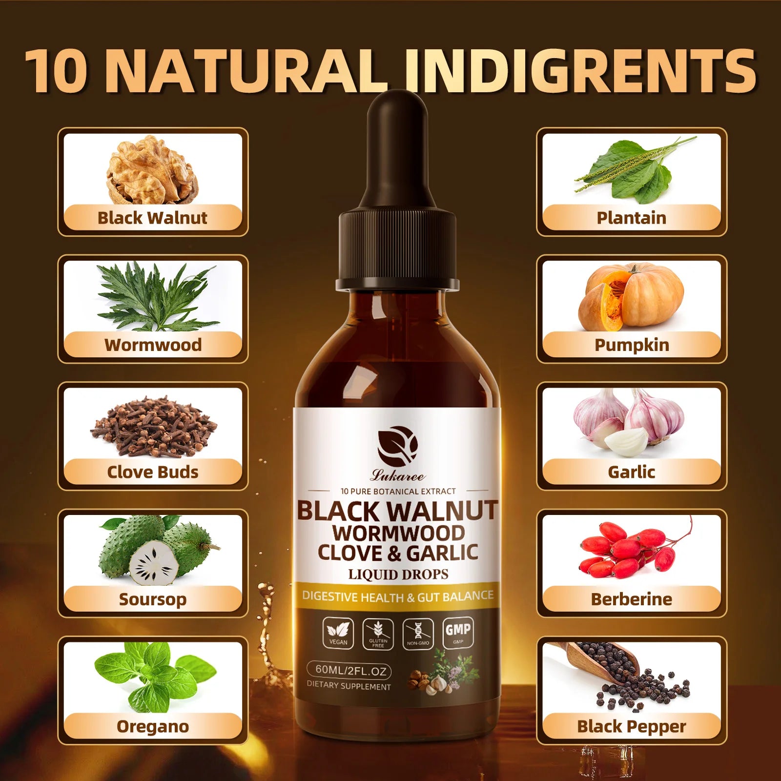 Lukaree 60ML Black Walnut Drop with Wormwood Clove & Garlic Support Digestion and Immune Health, Detoxify the Body Antioxidant Oasis Select
