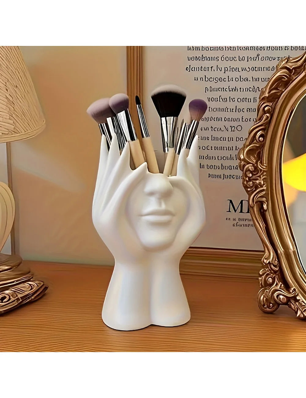 Makeup Brush Holder Pencil Holder - Unique Creative Human Art, Desktop Mounted Makeup Brush Storage Box, Decorative Resin Oasis Select WHITE