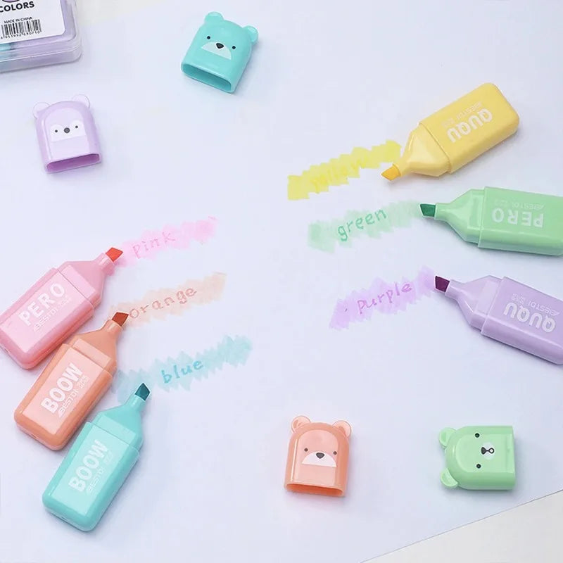 4/5/6Pcs Mini Highlighter Pens Bear Macaron Colors Highlighting Stationery Drawing Noting School Supplies Oasis Select