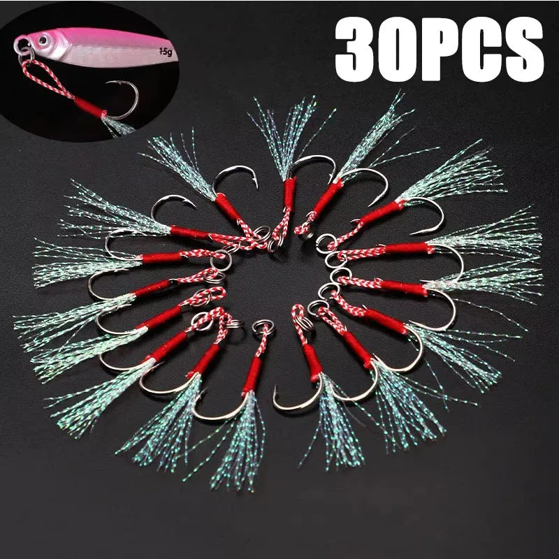 10/30/60pc Fishing Hook Jig Double PairHooks Barbed Thread Feather Accessories Pesca High Carbon Steel Fishing Lure Slow Jigging Oasis Select 30 PCS 12
