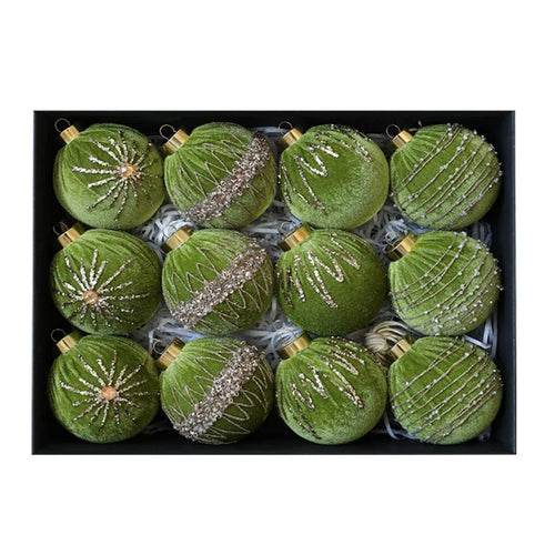 12Pcs Velvet Flocked Christmas Ball Ornaments 8cm for Tree Wreath Garland and Fireplace Mantel Decoration with Hanging Loop Oasis Select Green China Mainland