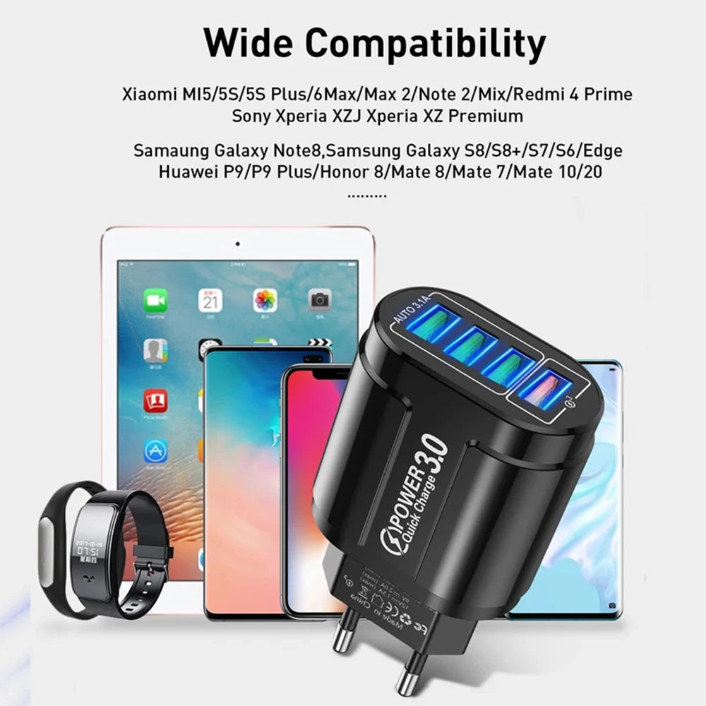 48W QC3.0 Quick Charger 4USB EU Standard Travel Portable 4 Port Fast Charging Suitable For Android iPhone Xiaomi Other Devices Oasis Select