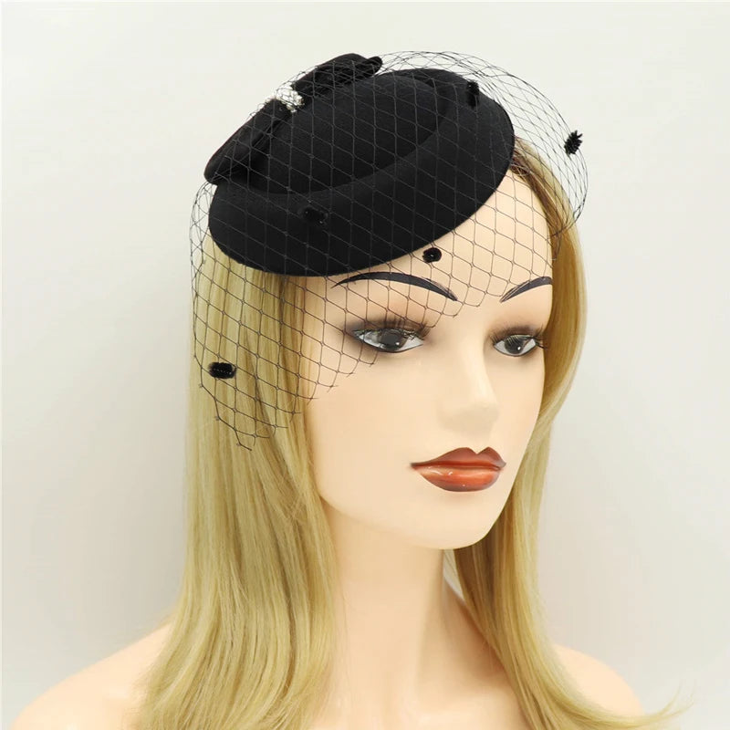 Black Mesh Pearl Bow Hair Clip – French Vintage Stewardess Hat Hair Clip Headdress Oasis Select Black