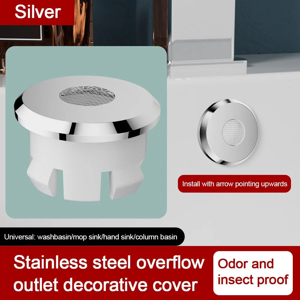 Portable Stainless Steel Sink Overflow Covers Round Replacement Sink Hole Cover Tub Drain Stopper Kitchen Bathroom Supplies Oasis Select Silver