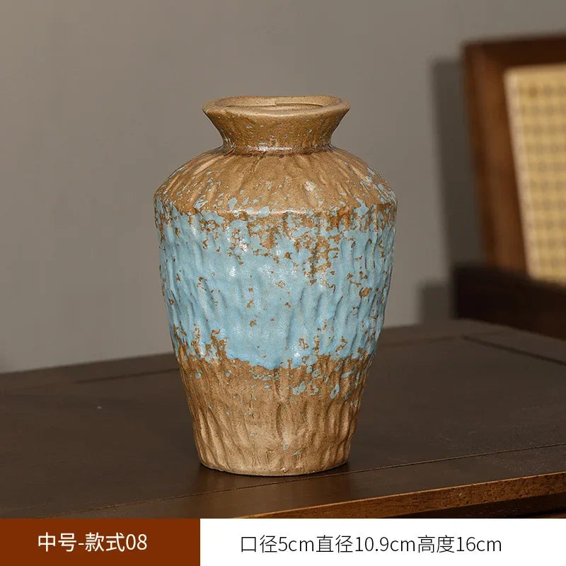 European Style Retro Style Ceramic Vase Living Room Advanced Sense Coarse Clay Pot Simple Dried Flower Arrangement Decoration Oasis Select 10.9cm x 16cm