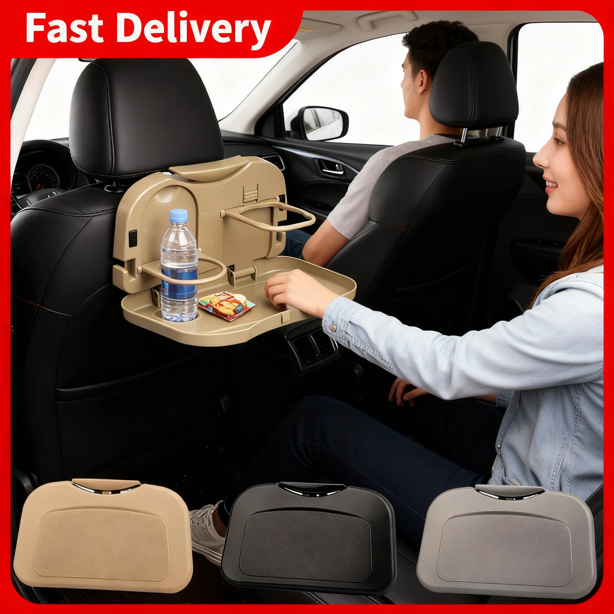 Foldable Car Backseat Tray Table with Cup Holder & Storage