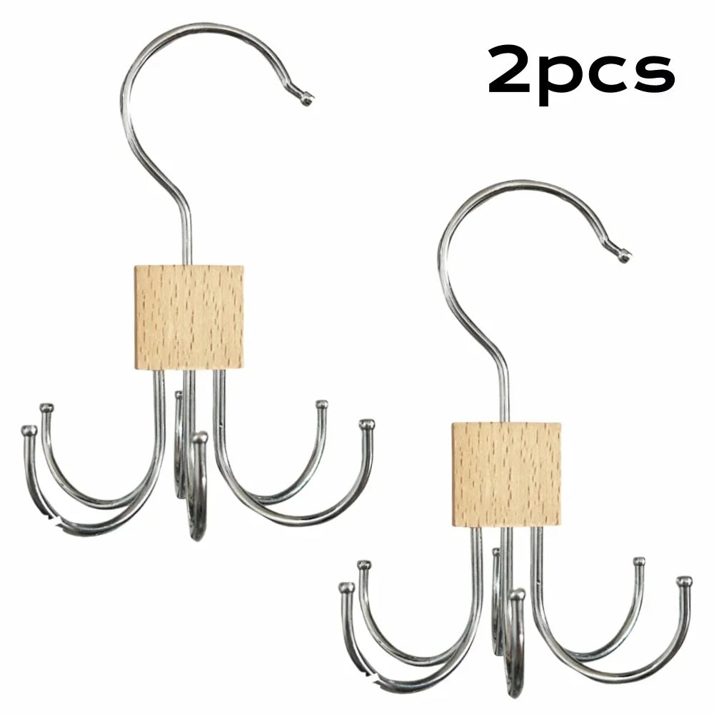 360° Rotating Storage Hanger Hook Multi-Claw Bag Metal Belts Rack Wooden Organizer For Bras Ties Scarves Household Closet Acces Oasis Select Wood color 2pcs