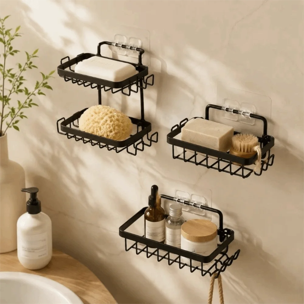 Stainless Steel Wall Mounted Soap Dish with Hooks & Basket