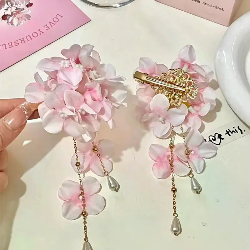 Fabric Flower Tassel Pearl Hair Clips – Women & Girls