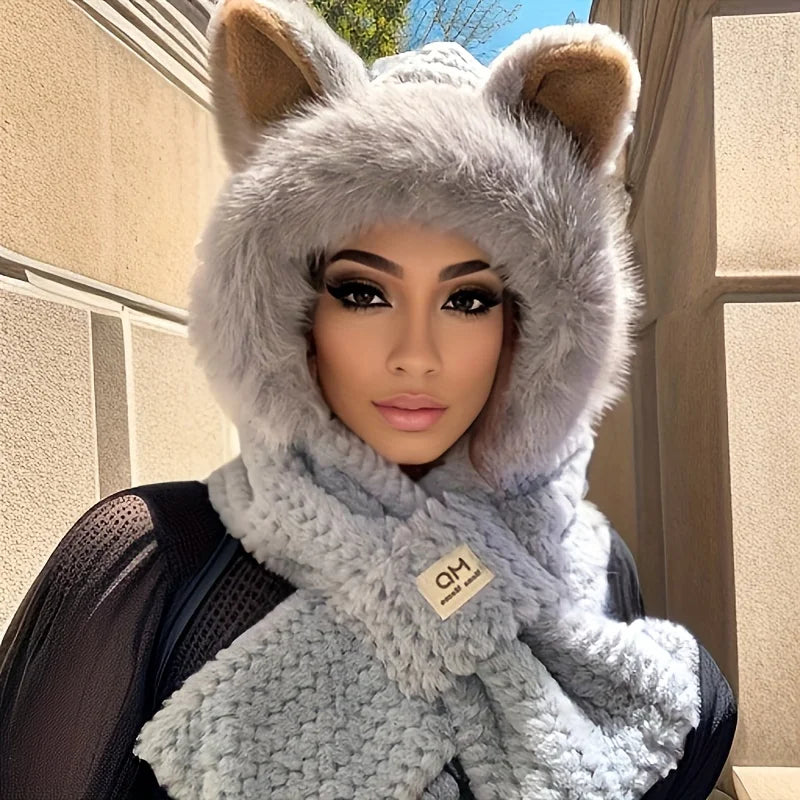 1PC Women's Cat Ear Hat with Pom-Pom, Soft Fleece Lined Winter Beanie for Christmas Gift, Cute Animal Themed Festival Cap Oasis Select