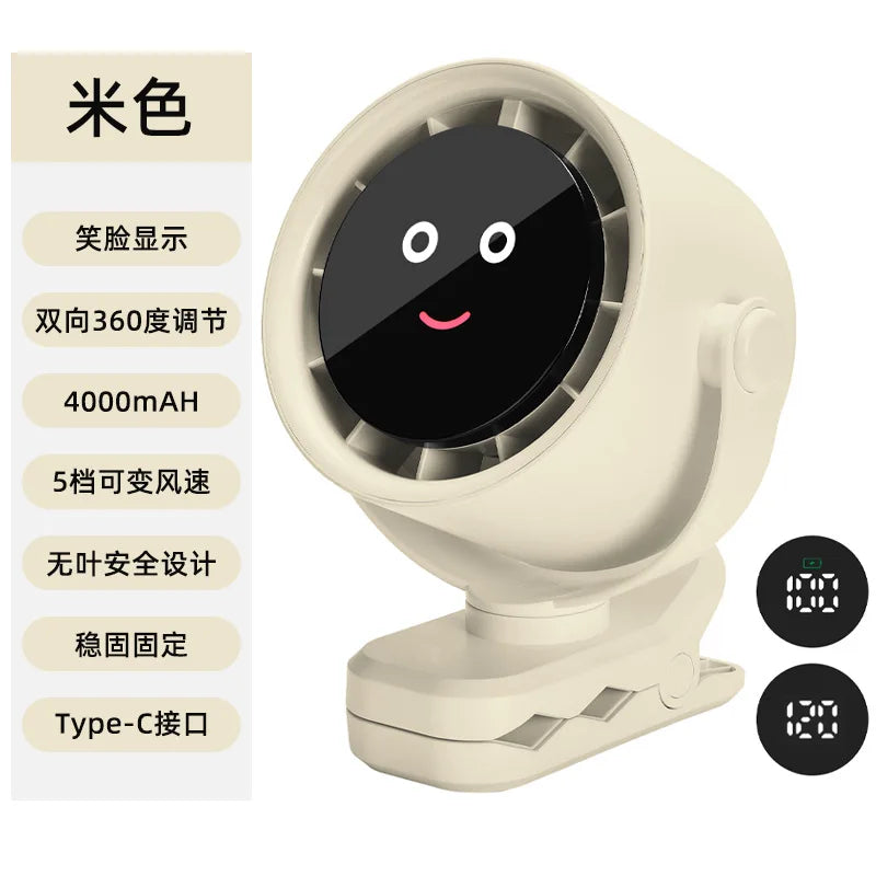 URGGU Smiling Face Clip Fan – USB Rechargeable, 5 Speeds