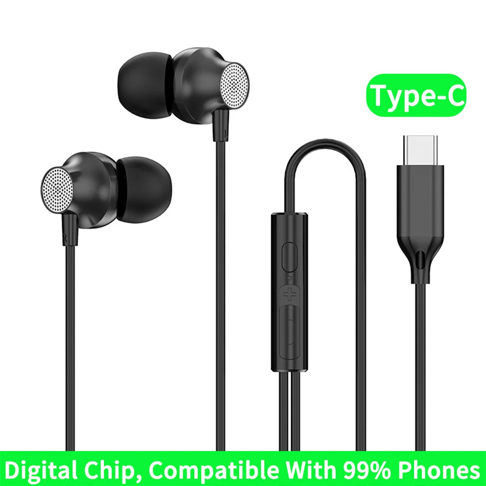 Digital Chip Wired Earphone 3.5mm AUX/Type C 9D HiFi Surround Heavy Bass In-Ear Headsets For Samsung Huawei Xiaomi OPPO iPad PC Oasis Select Type-C Black