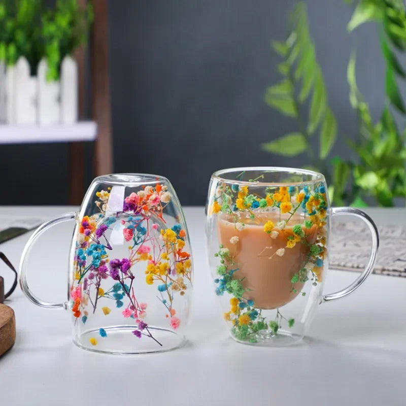 Fillings Dry Flowers Double Wall Glass Cup With Handle Heat Resistant Tea Coffee Cups Espresso Milk Mug Creative Gift Oasis Select